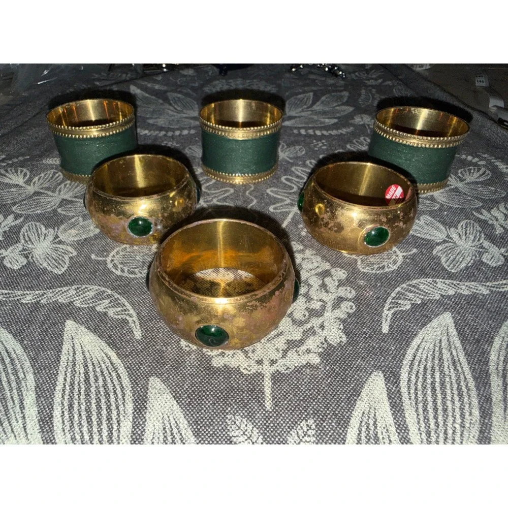 Vintage Brass Napkin Rings Set of 6 Green Enamel Beaded Cabochon Made in India